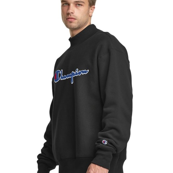 Champion Life Reverse Weave Mockneck Crew, Chenille Vintage Logo Black Applique - Picture 2 of 12